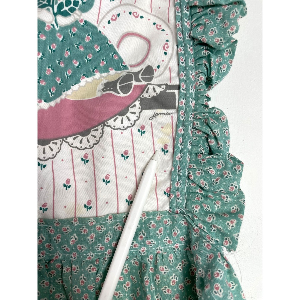 Vintage Cat Cottagecore Floral Ruffle Apron Teal Green Calico 80s Grandmacore - Picture 7 of 9
